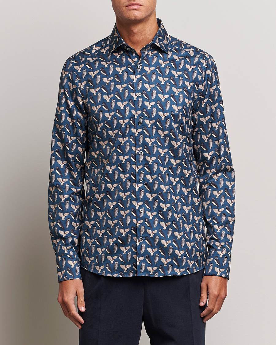 Herre | 50% salg | Stenströms | Slimline Owl Printed Cut Away Shirt Blue