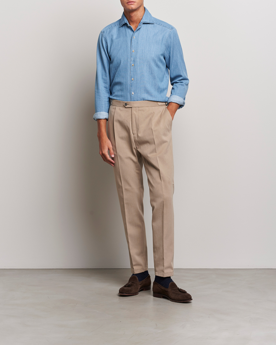 Herre | Skjorter | Stenströms | Slimline One Piece Collar Denim Shirt Light Blue