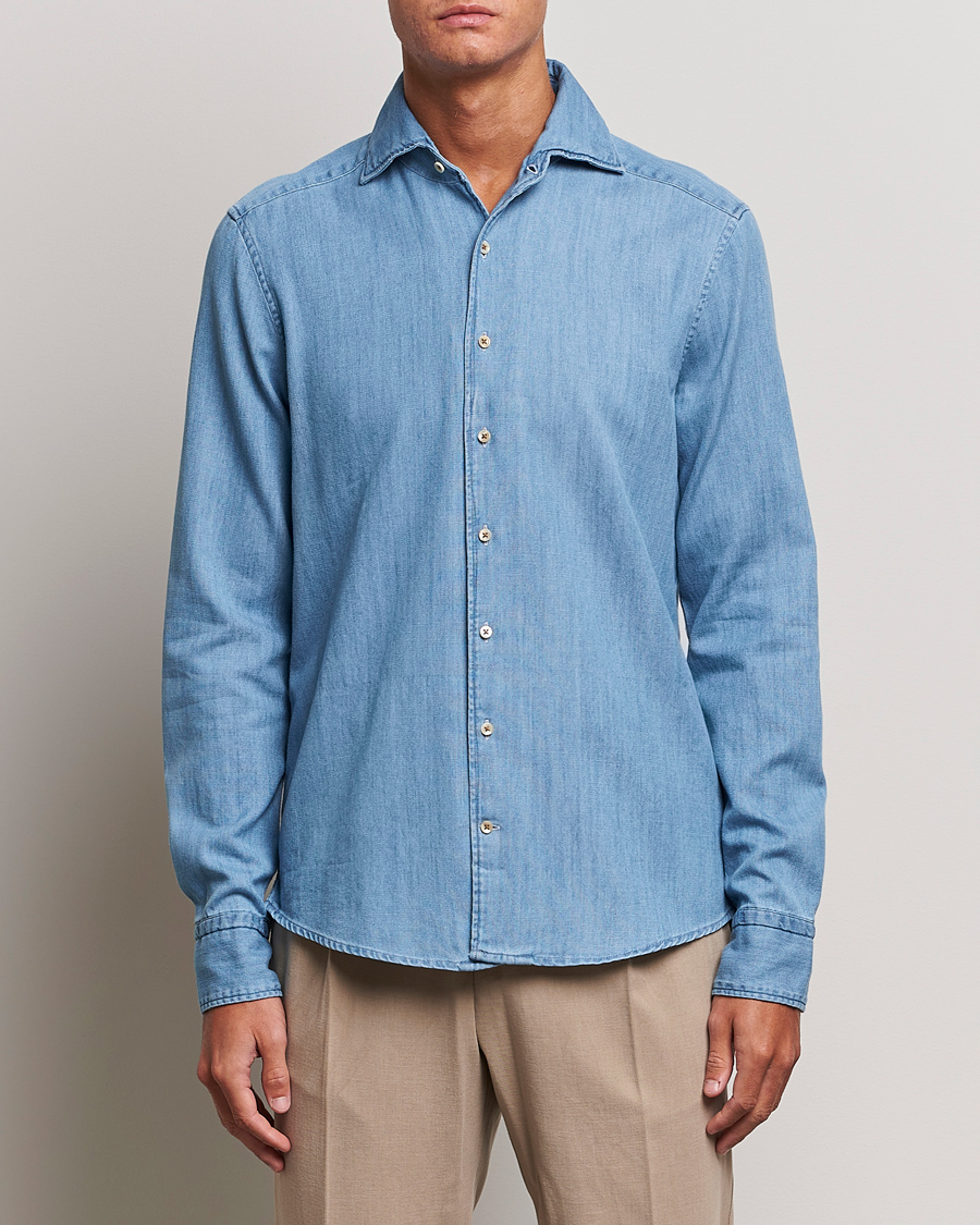 Herre | Skjorter | Stenströms | Slimline One Piece Collar Denim Shirt Light Blue