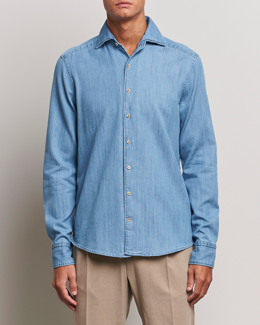 Herre |  | Stenströms | Slimline One Piece Collar Denim Shirt Light Blue