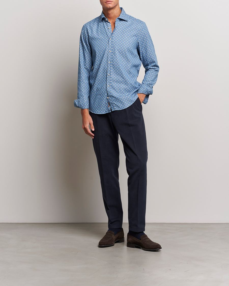 Herre | Skjorter | Stenströms | Slimline Printed Cut Away Denim Shirt Light Blue