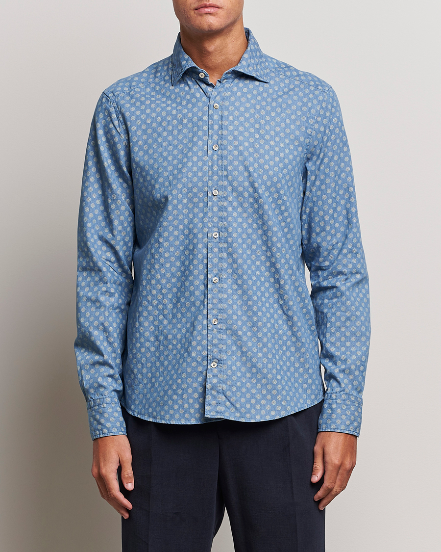 Herre | Jeansskjorter | Stenströms | Slimline Printed Cut Away Denim Shirt Light Blue