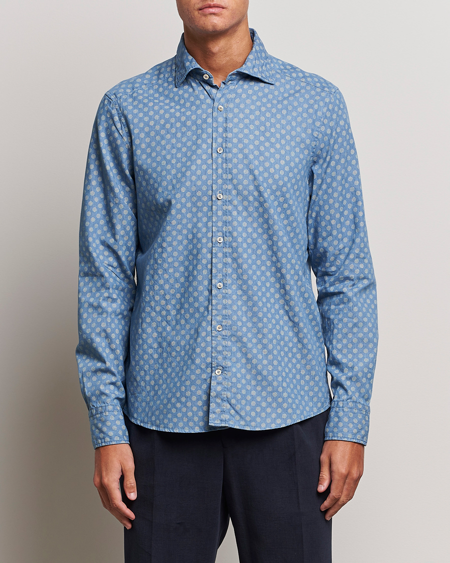 Herre |  | Stenströms | Slimline Printed Cut Away Denim Shirt Light Blue