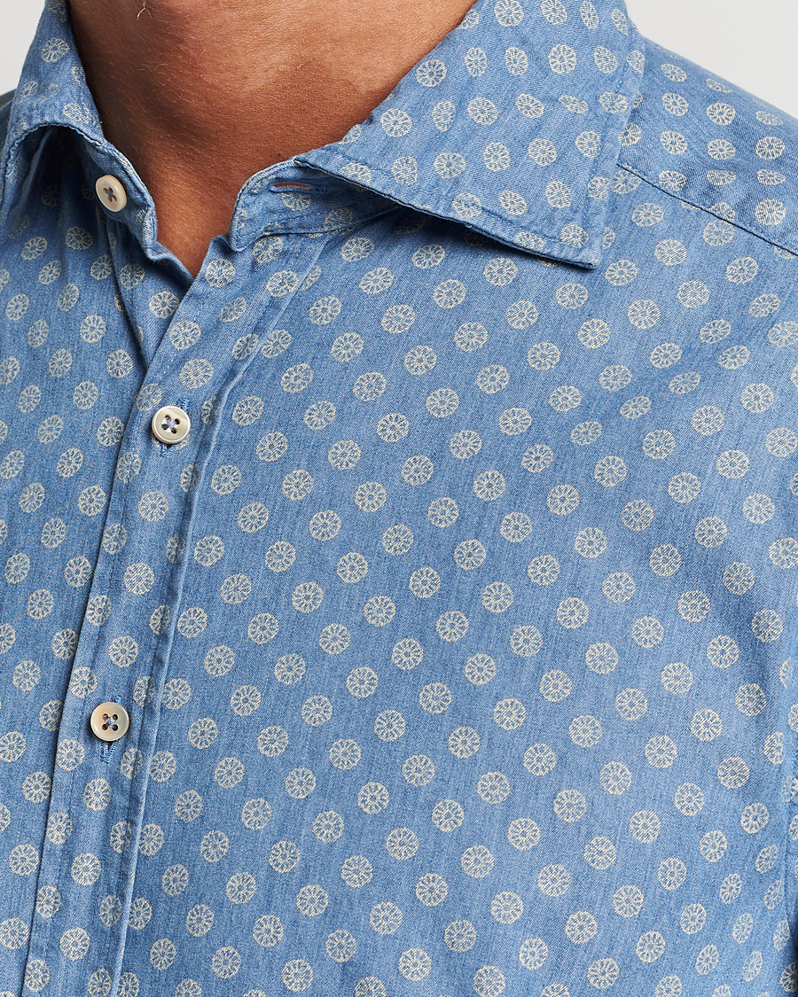 Herre | Skjorter | Stenströms | Slimline Printed Cut Away Denim Shirt Light Blue