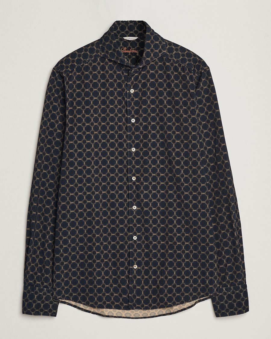 Herre | Skjorter | Stenströms | Slimline Babycord Printed Cut Away Shirt Navy