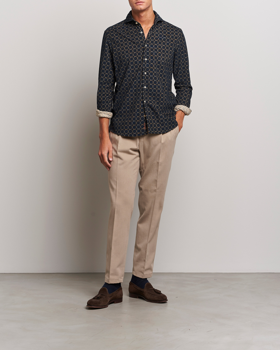 Herre | Skjorter | Stenströms | Slimline Babycord Printed Cut Away Shirt Navy