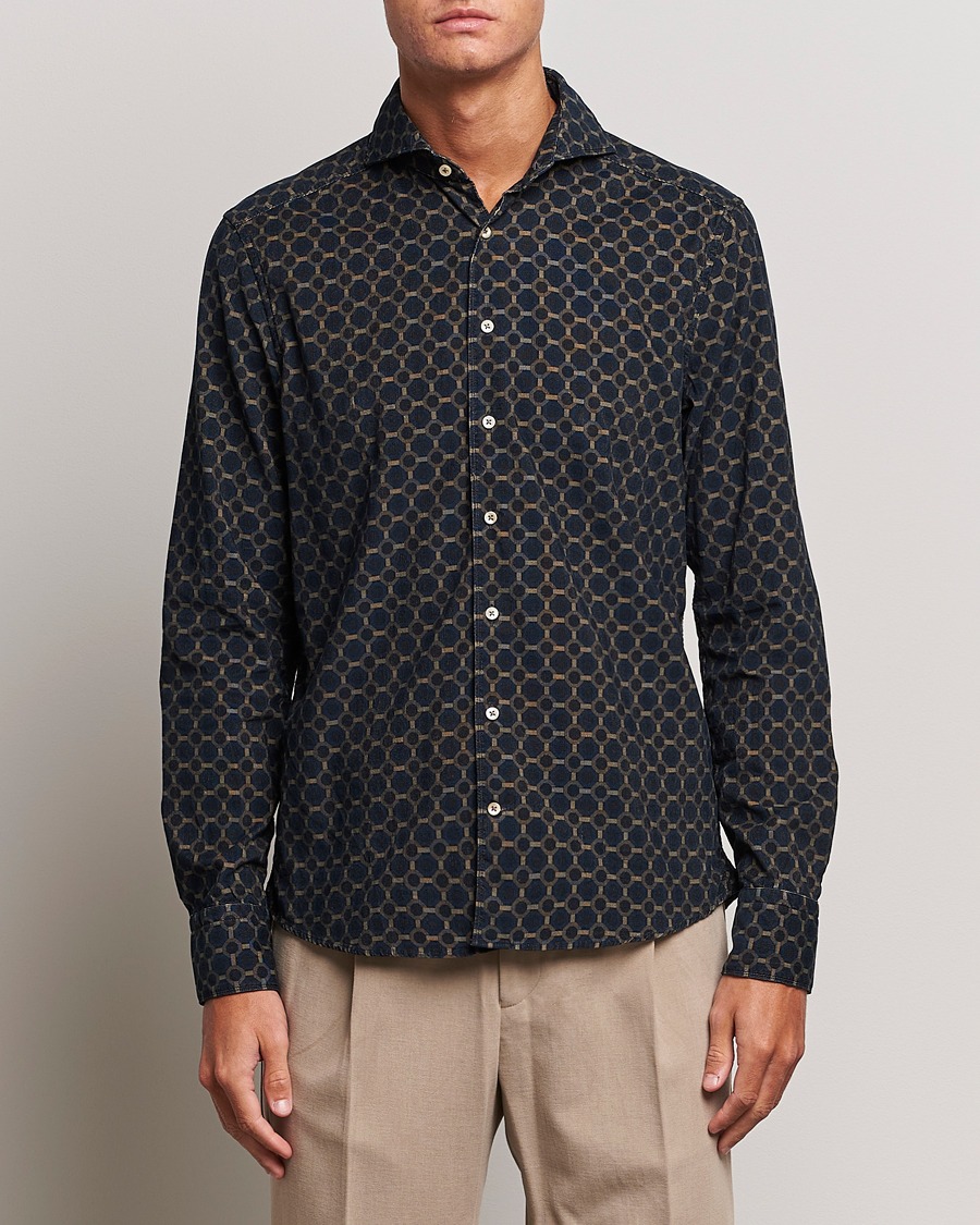 Herre | Skjorter | Stenströms | Slimline Babycord Printed Cut Away Shirt Navy