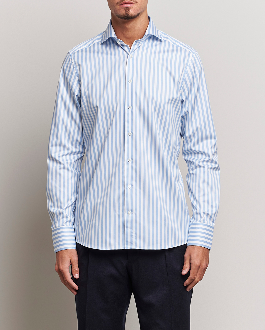 Herre |  | Stenströms | Slimline Bold Stripe 2-Fold Cut Away Shirt  Light Blue