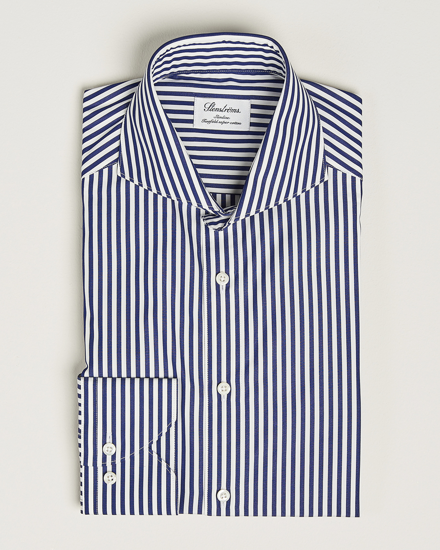 Herre |  | Stenströms | Slimline Striped Popline Cut Away Shirt Navy