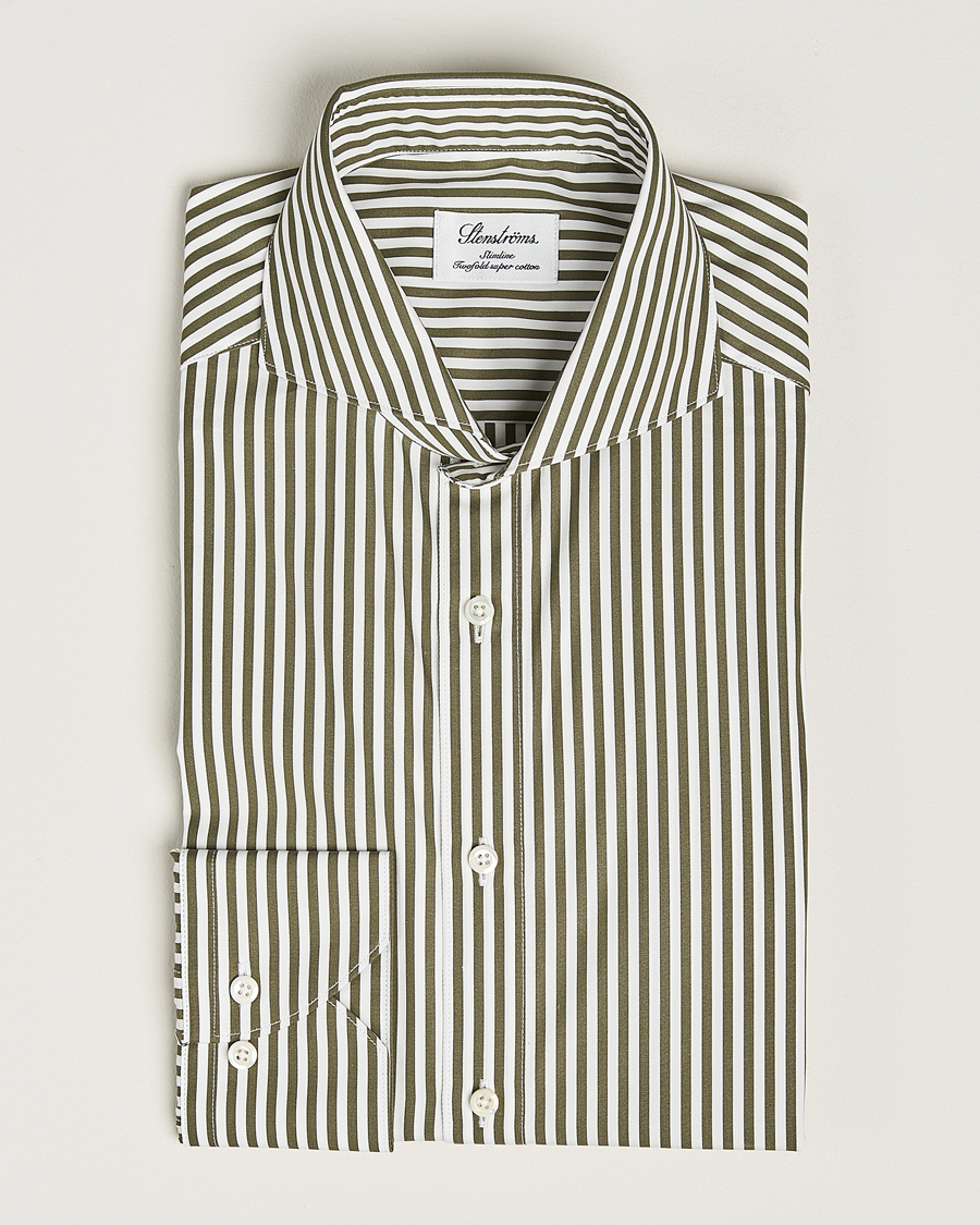 Herre | Businesskjorter | Stenströms | Slimline Striped Popline Cut Away Shirt Green