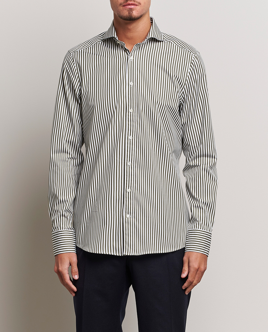 Herre |  | Stenströms | Slimline Striped Popline Cut Away Shirt Green