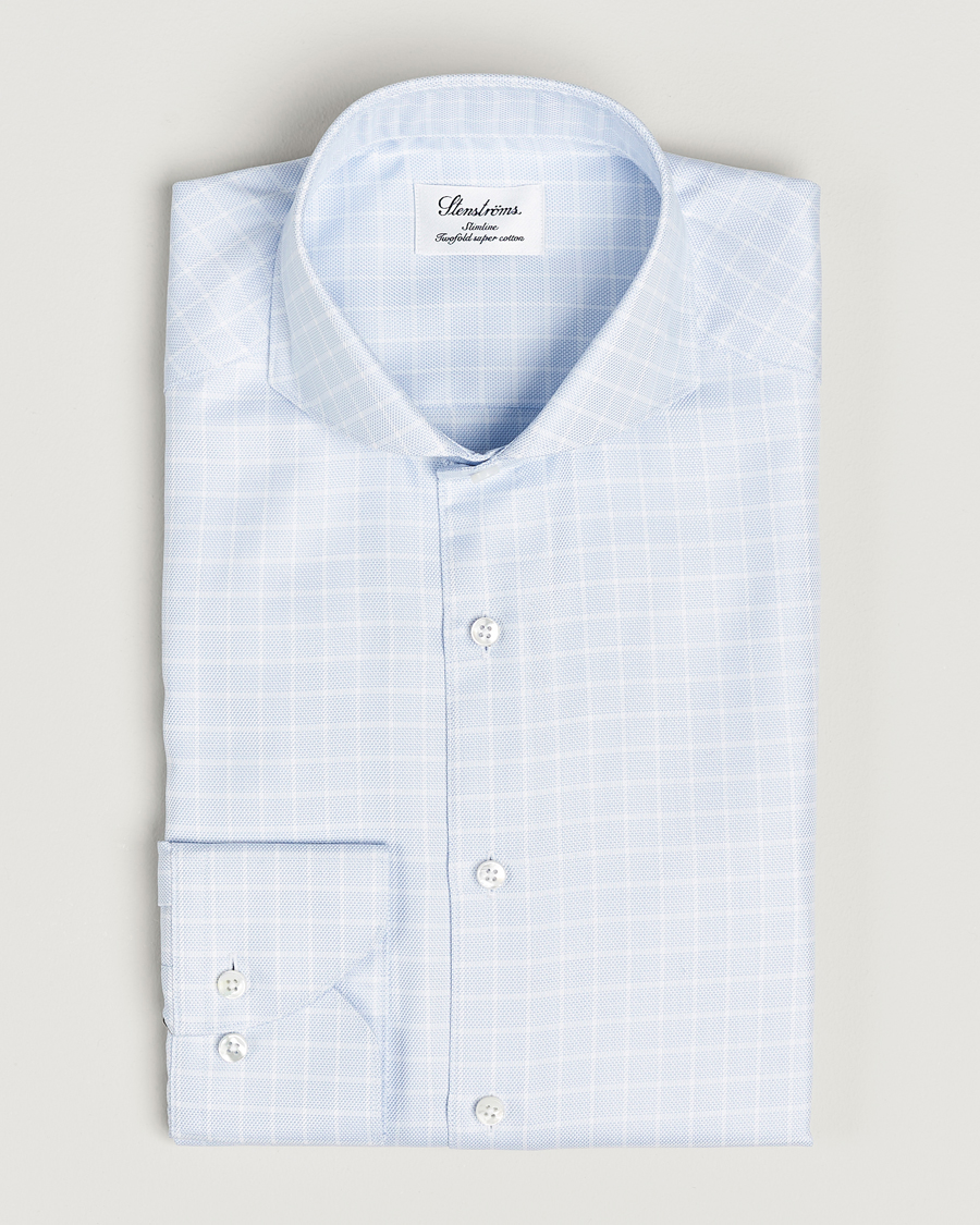 Herre | Businesskjorter | Stenströms | Slimline Small Checked Cut Away Shirt Light Blue