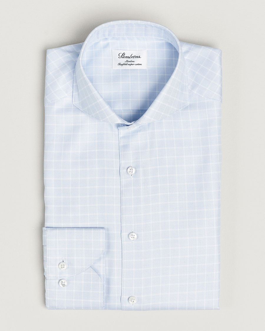Herre | Skjorter | Stenströms | Slimline Small Checked Cut Away Shirt Light Blue