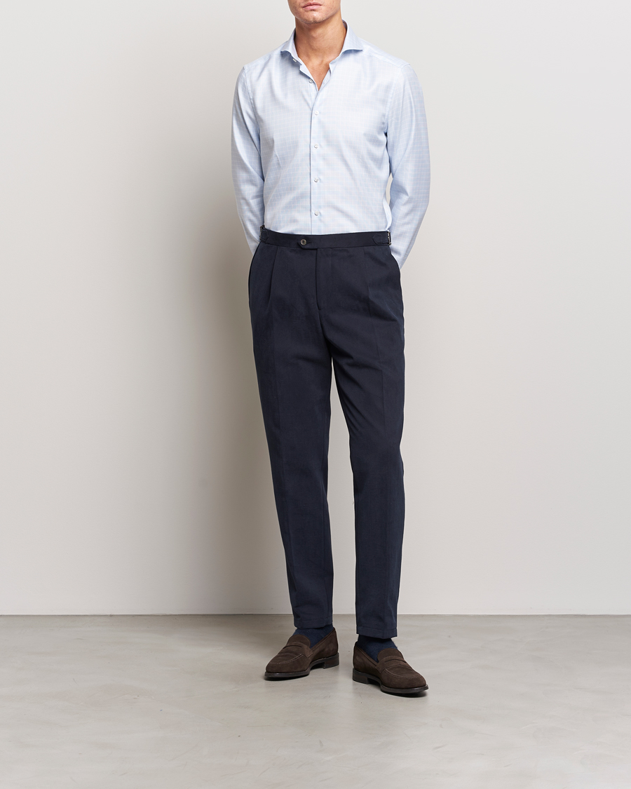 Herre | Skjorter | Stenströms | Slimline Small Checked Cut Away Shirt Light Blue