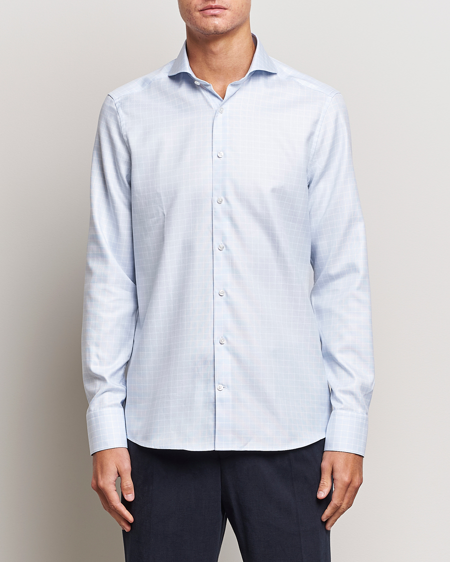 Herre | Skjorter | Stenströms | Slimline Small Checked Cut Away Shirt Light Blue