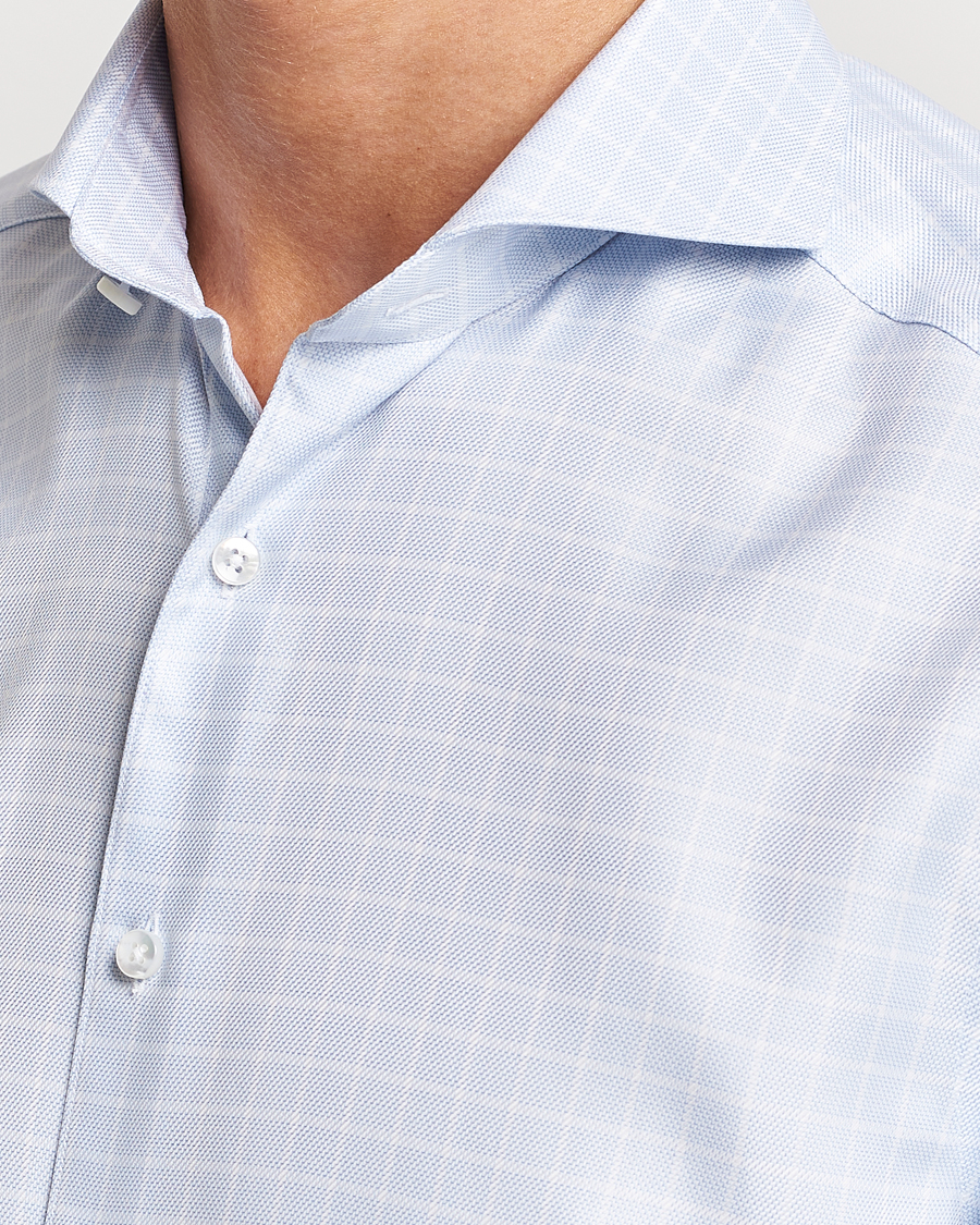 Herre | Skjorter | Stenströms | Slimline Small Checked Cut Away Shirt Light Blue