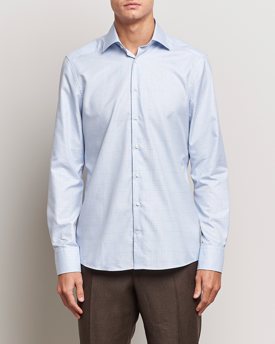 Herre |  | Stenströms | Slimline Houndstooth Checked Cut Away Shirt Blue