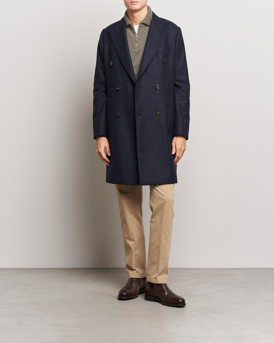 Herre | Jakker | Morris | Double Breasted Herringbone Wool Coat Navy