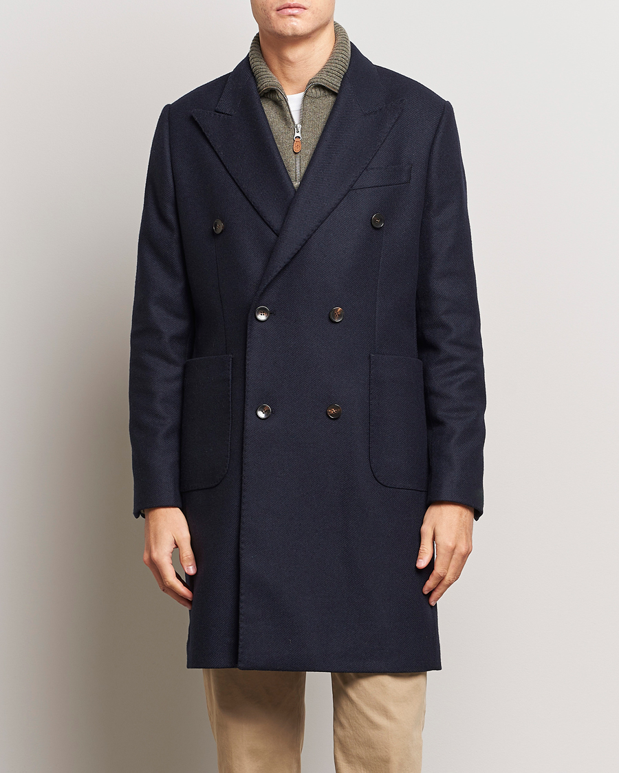 Herre | Jakker | Morris | Double Breasted Herringbone Wool Coat Navy