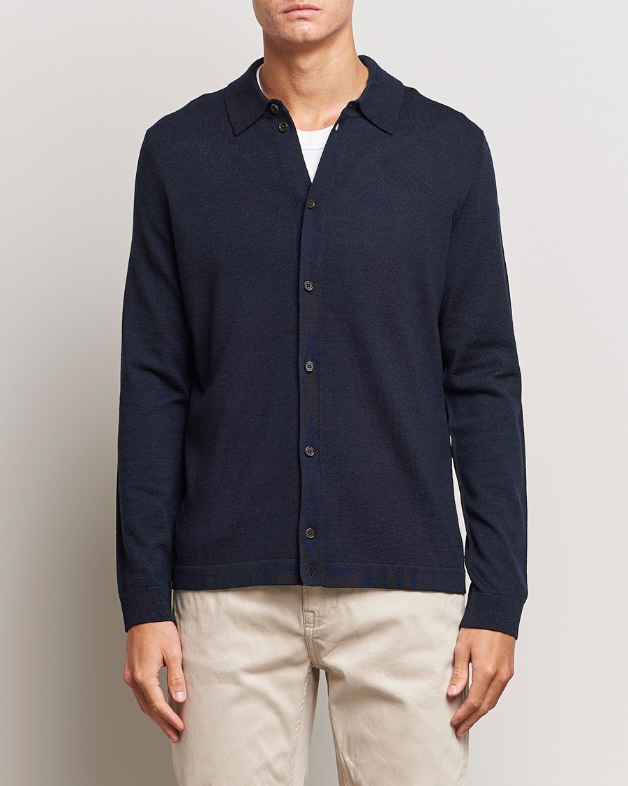 Herre |  | Morris | Merino Knitted Shirt Navy