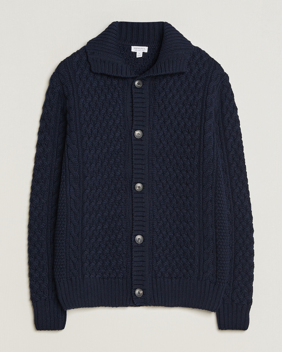 Herre | Gensere | Sunspel | Cable Knit Jacket Navy