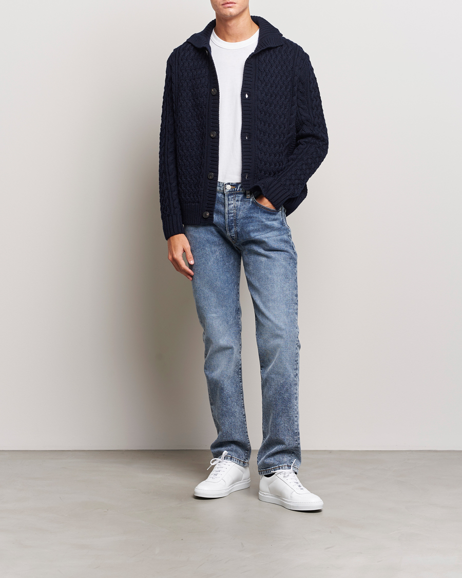 Herre | Gensere | Sunspel | Cable Knit Jacket Navy
