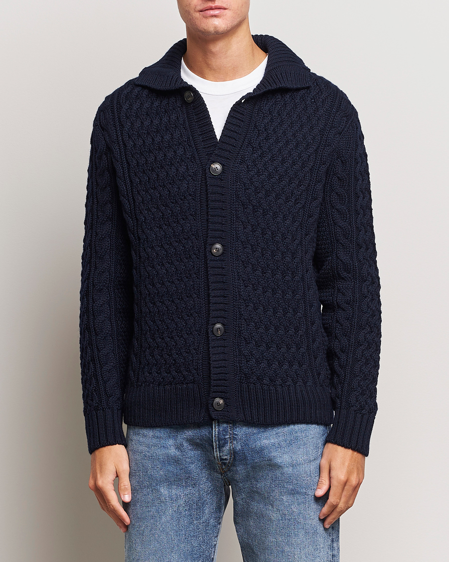 Herre | Gensere | Sunspel | Cable Knit Jacket Navy