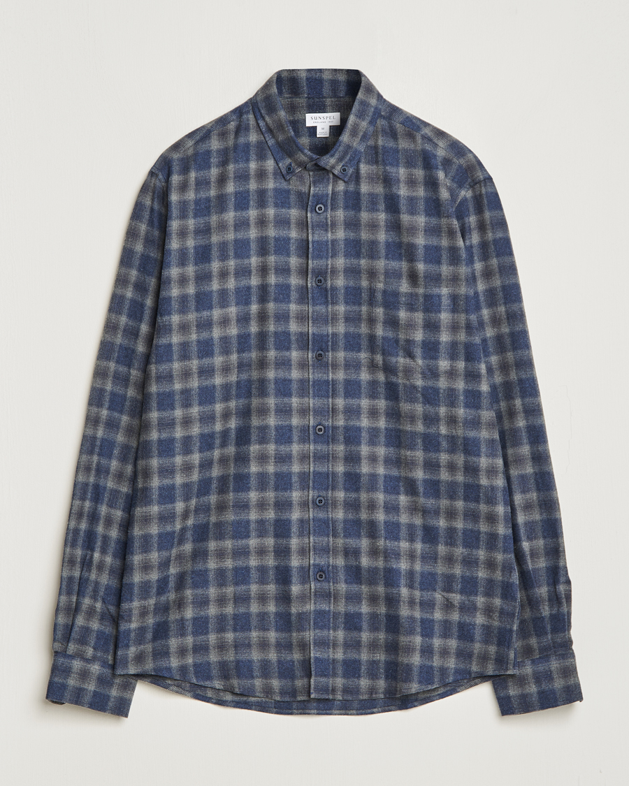 Herre | Skjorter | Sunspel | Brushed Cotton Flannel Shirt Grey/Blue Check
