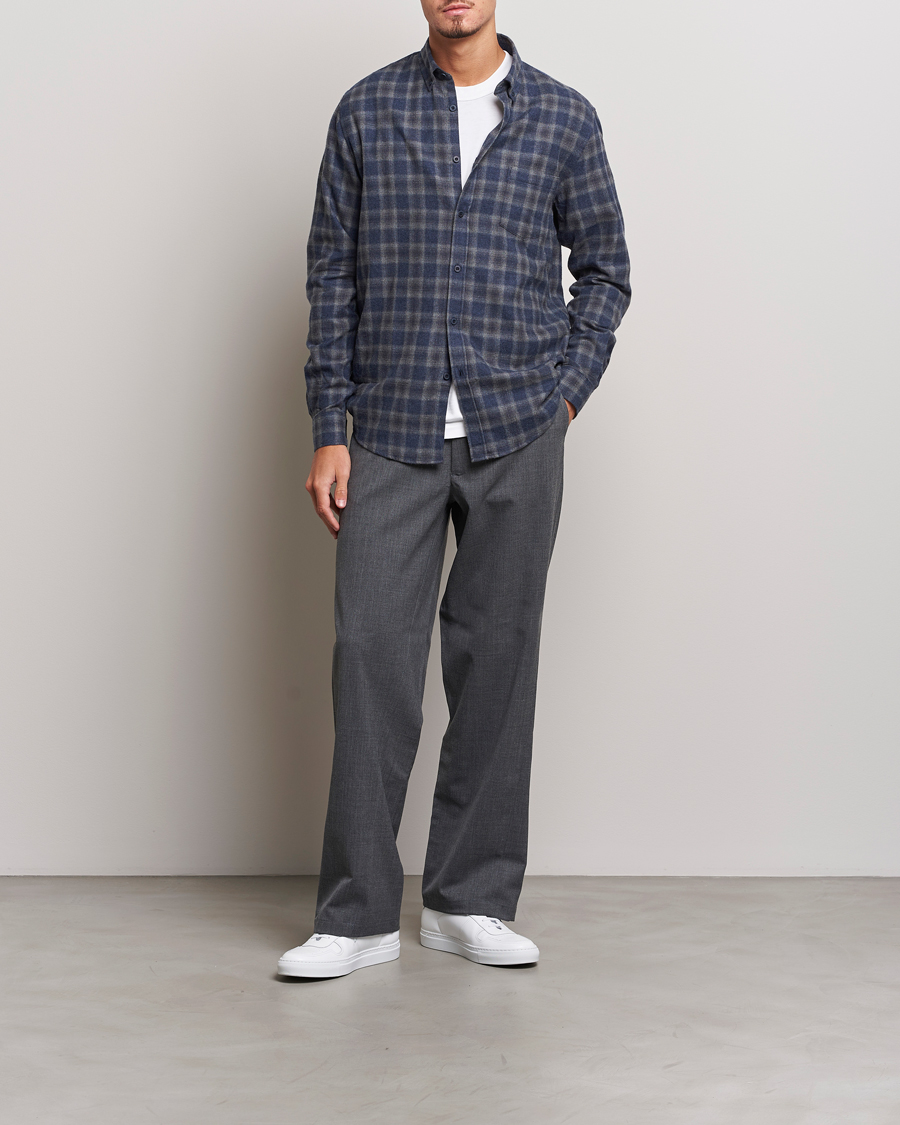 Herre | Skjorter | Sunspel | Brushed Cotton Flannel Shirt Grey/Blue Check