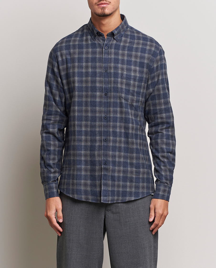 Herre | Skjorter | Sunspel | Brushed Cotton Flannel Shirt Grey/Blue Check