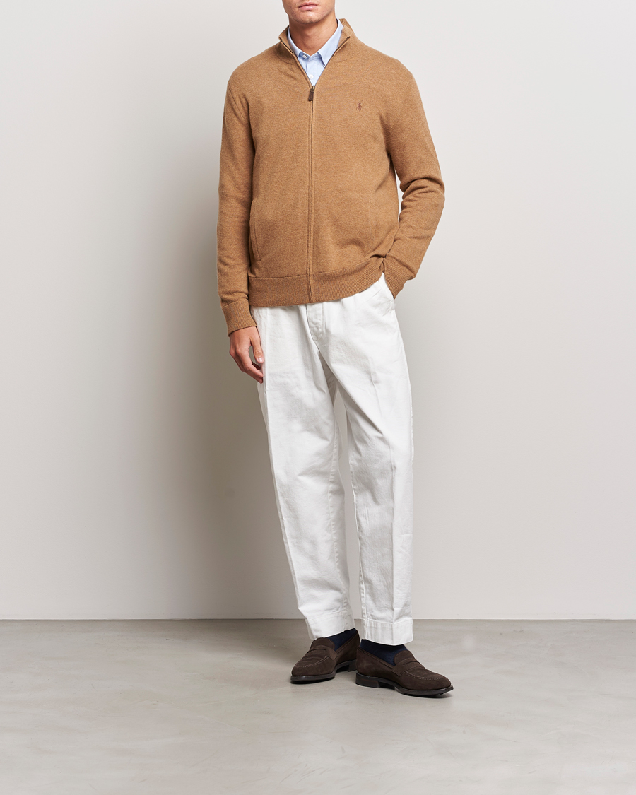 Herre | Gensere | Polo Ralph Lauren | Merino Knitted Full Zip Sweater Latte Brown Heather