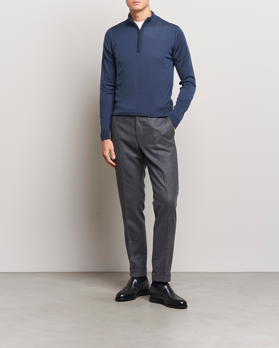 Herre | Gensere | John Smedley | Barrow Extra Fine Merino Half Zip Smoke Blue