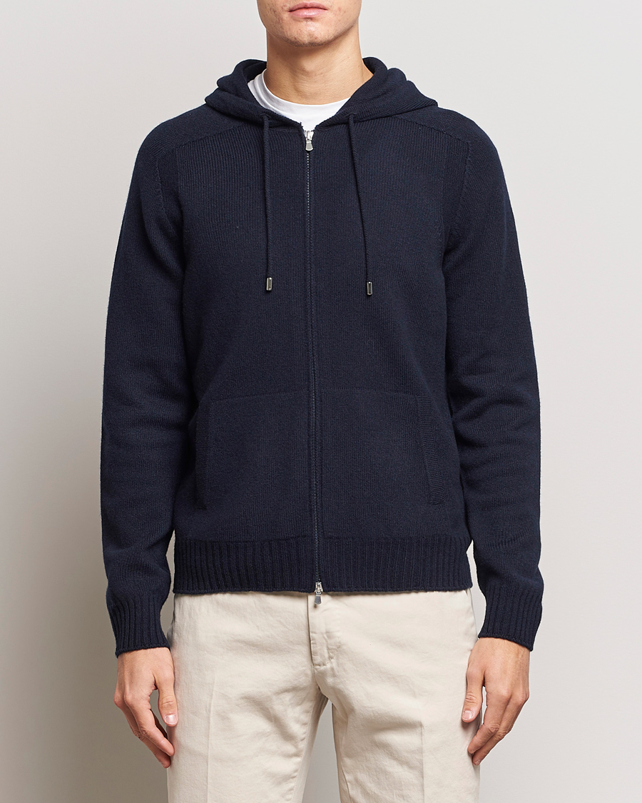 Herre |  | Gran Sasso | Full Zip Wool Hoodie Navy