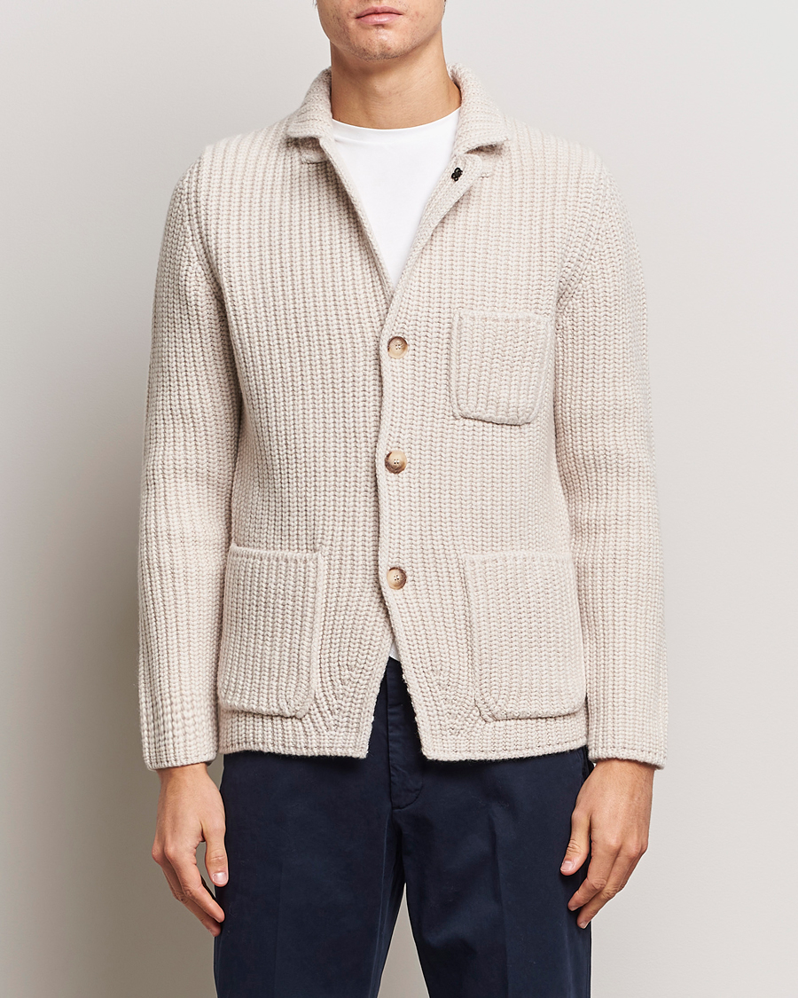 Herre |  | Gran Sasso | Heavy Wool Knitted Blazer Cardigan Off White