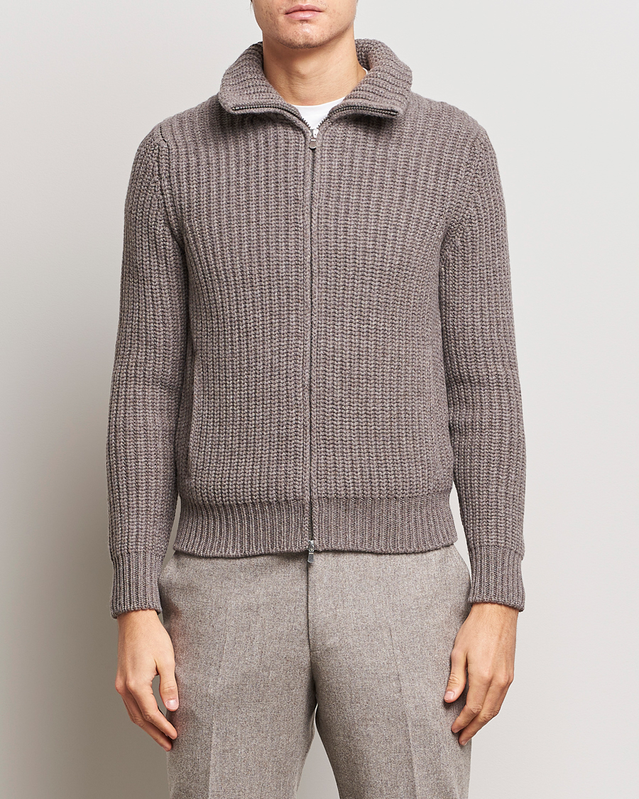 Herre | Gensere | Gran Sasso | Wool/Cashmere Heavy Knitted Full Zip Taupe Melange