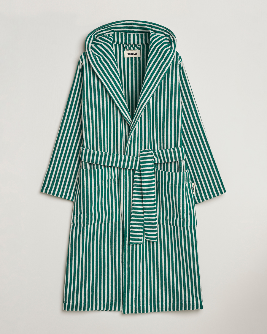 Herre | Pyjamaser og badekåper | Tekla | Organic Terry Hooded Bathrobe Teal Green Stripes