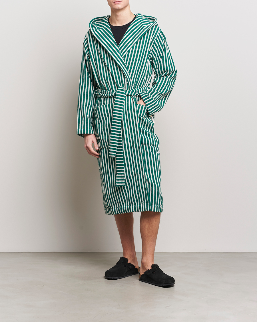 Herre | Pyjamaser og badekåper | Tekla | Organic Terry Hooded Bathrobe Teal Green Stripes
