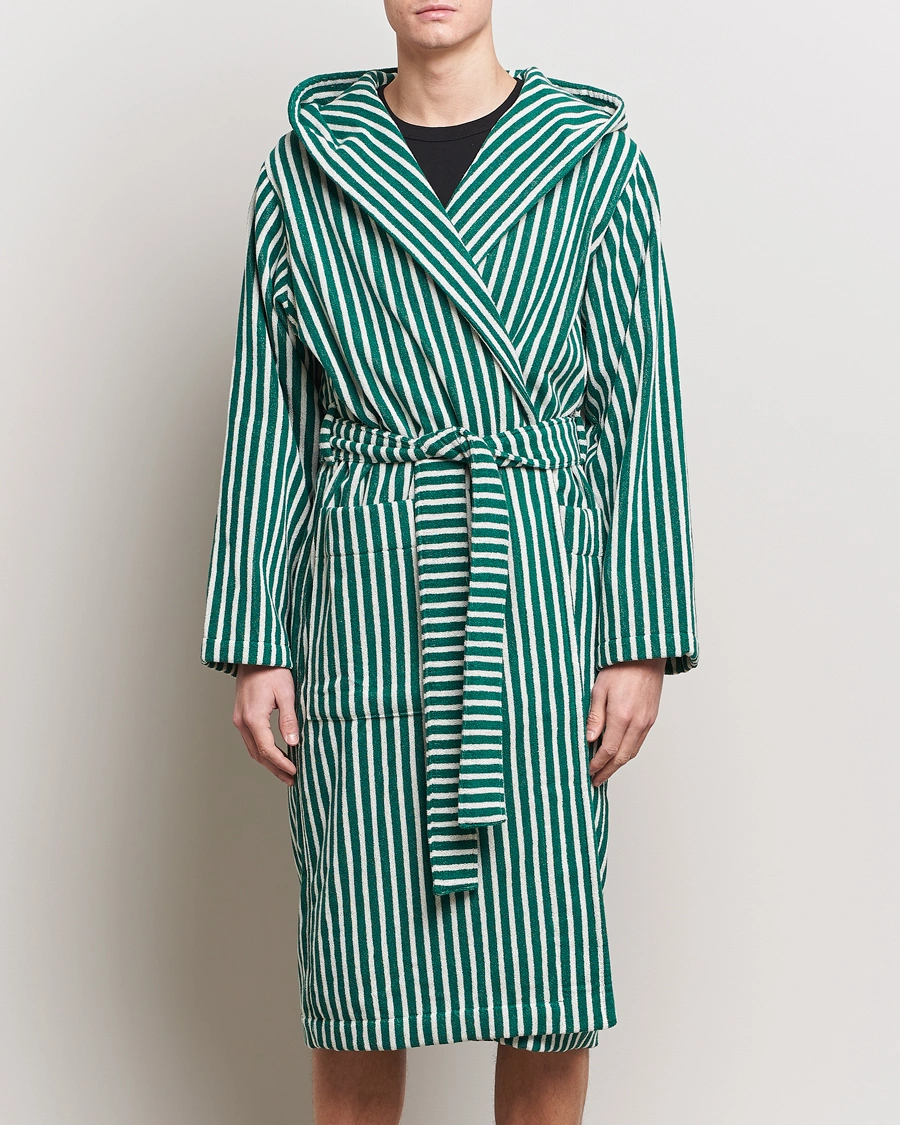Herre | Pyjamaser og badekåper | Tekla | Organic Terry Hooded Bathrobe Teal Green Stripes