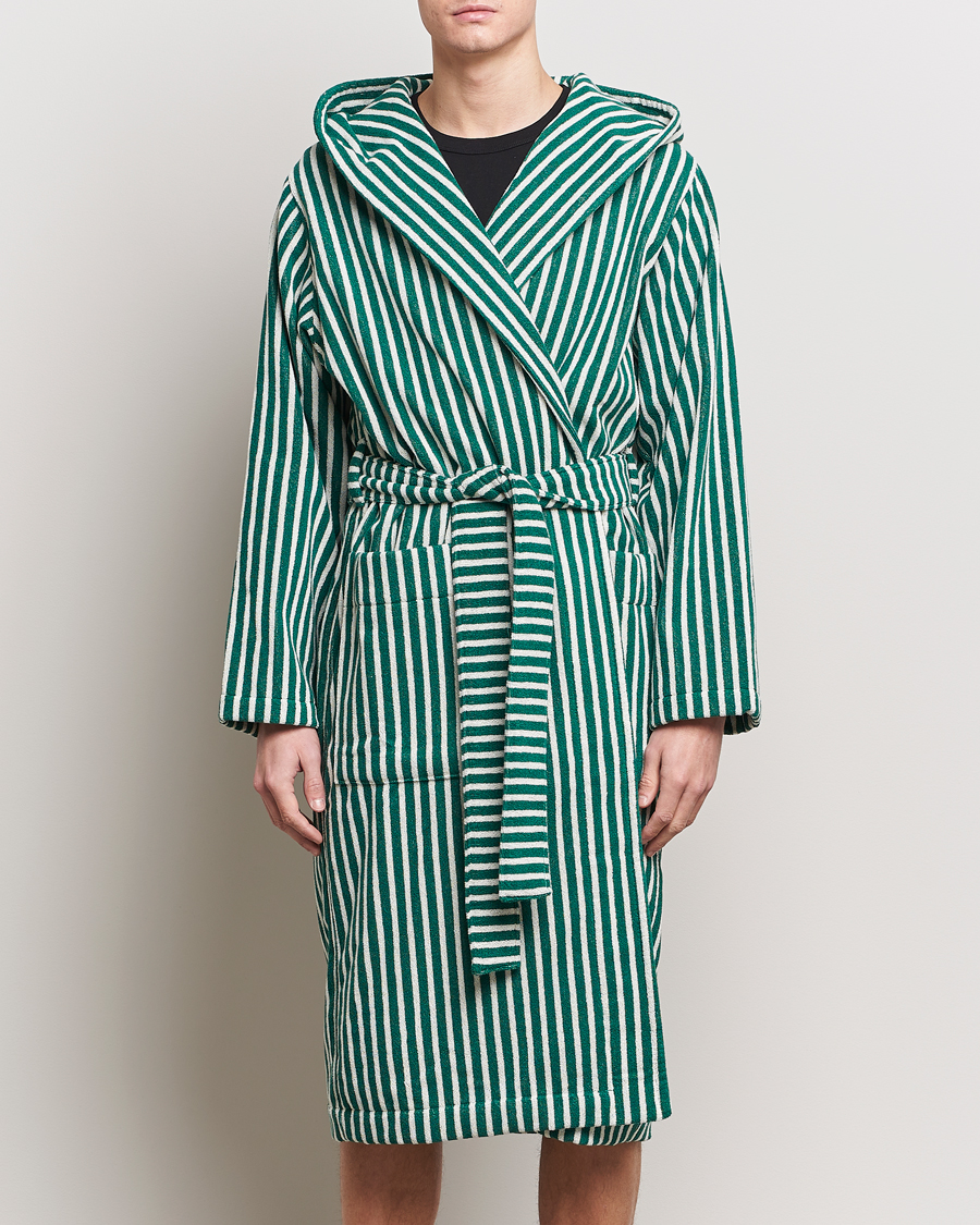 Herr |  | Tekla | Organic Terry Hooded Bathrobe Teal Green Stripes