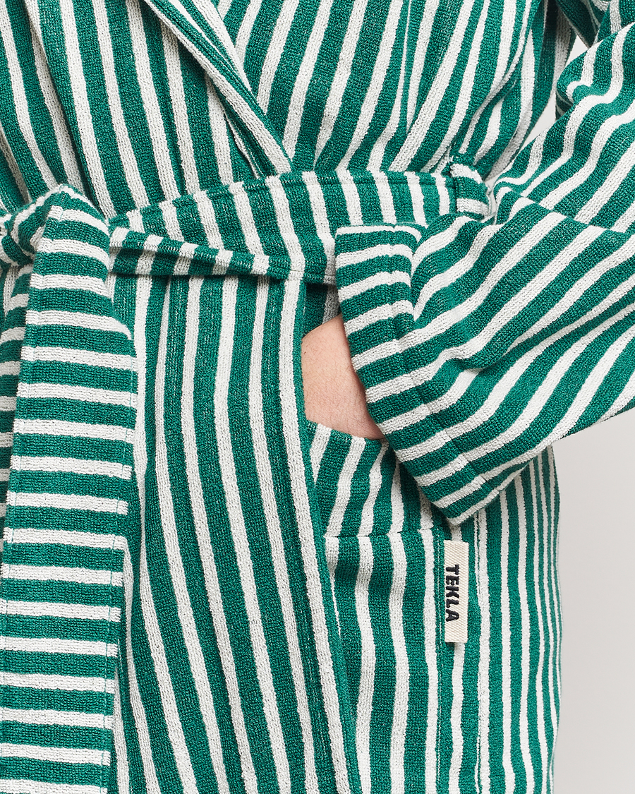 Herre | Pyjamaser og badekåper | Tekla | Organic Terry Hooded Bathrobe Teal Green Stripes