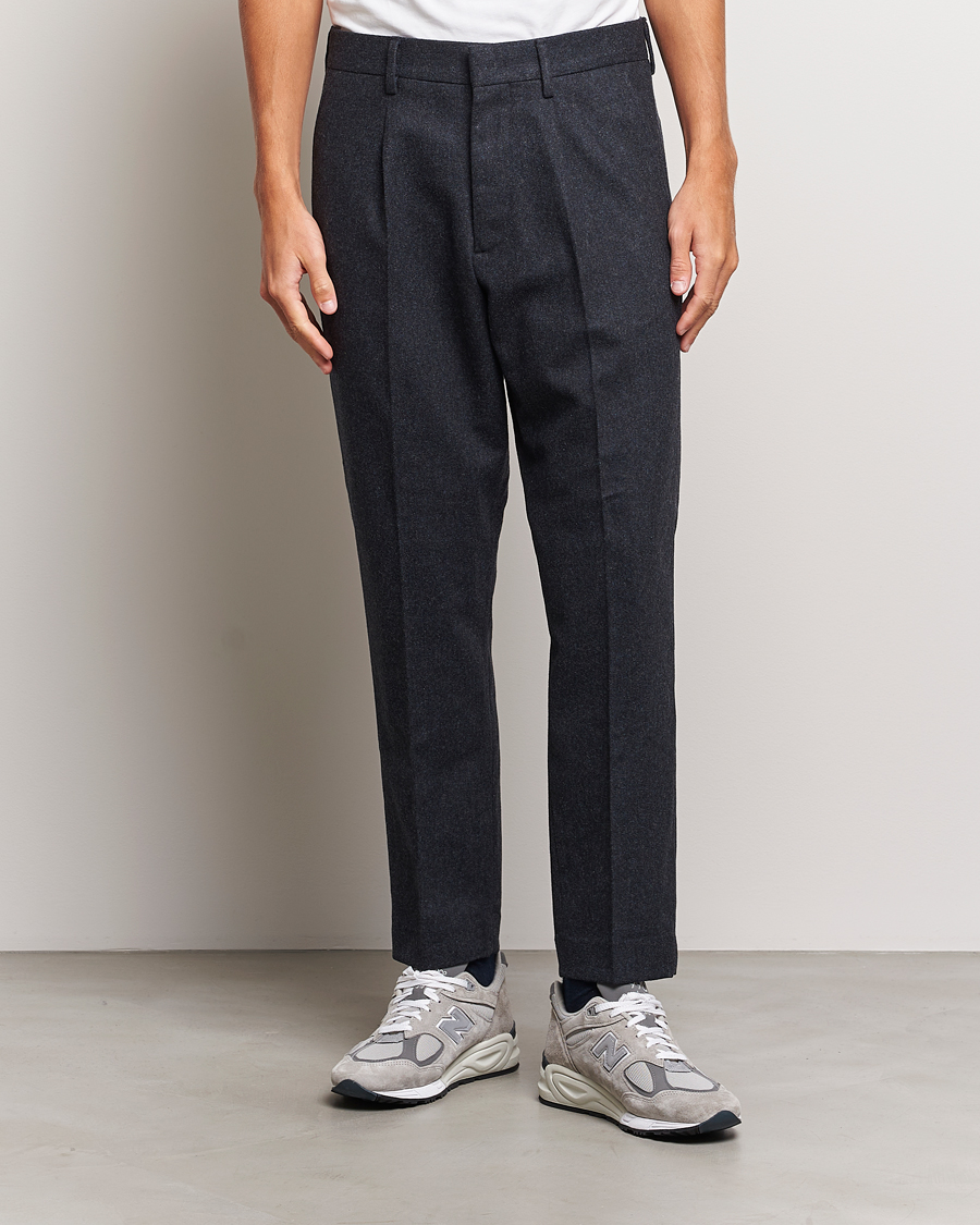 Herre | Bukser | NN07 | Bill Brushed Flannel Pleated Trousers Navy Blue