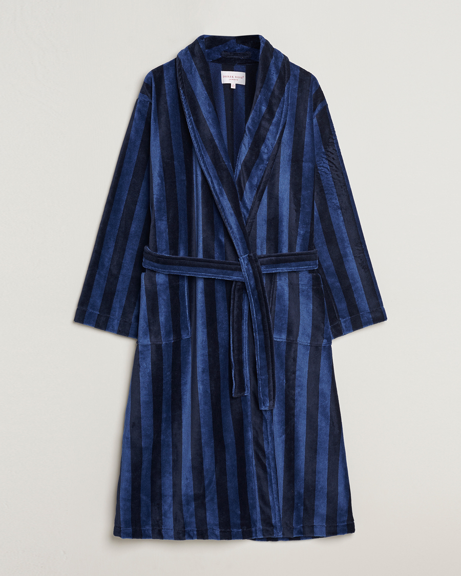 Herre | Pyjamaser og badekåper | Derek Rose | Cotton Velour Striped Gown Navy/Blue