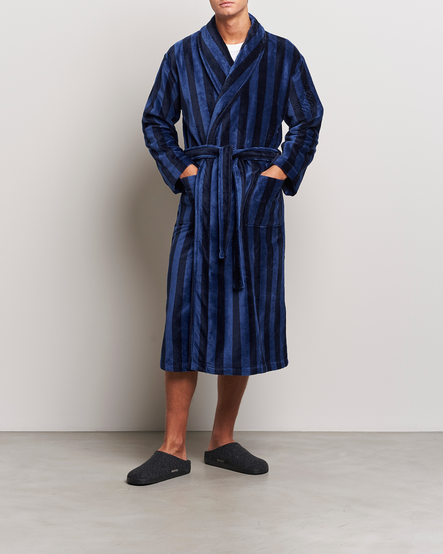 Herre | Pyjamaser og badekåper | Derek Rose | Cotton Velour Striped Gown Navy/Blue