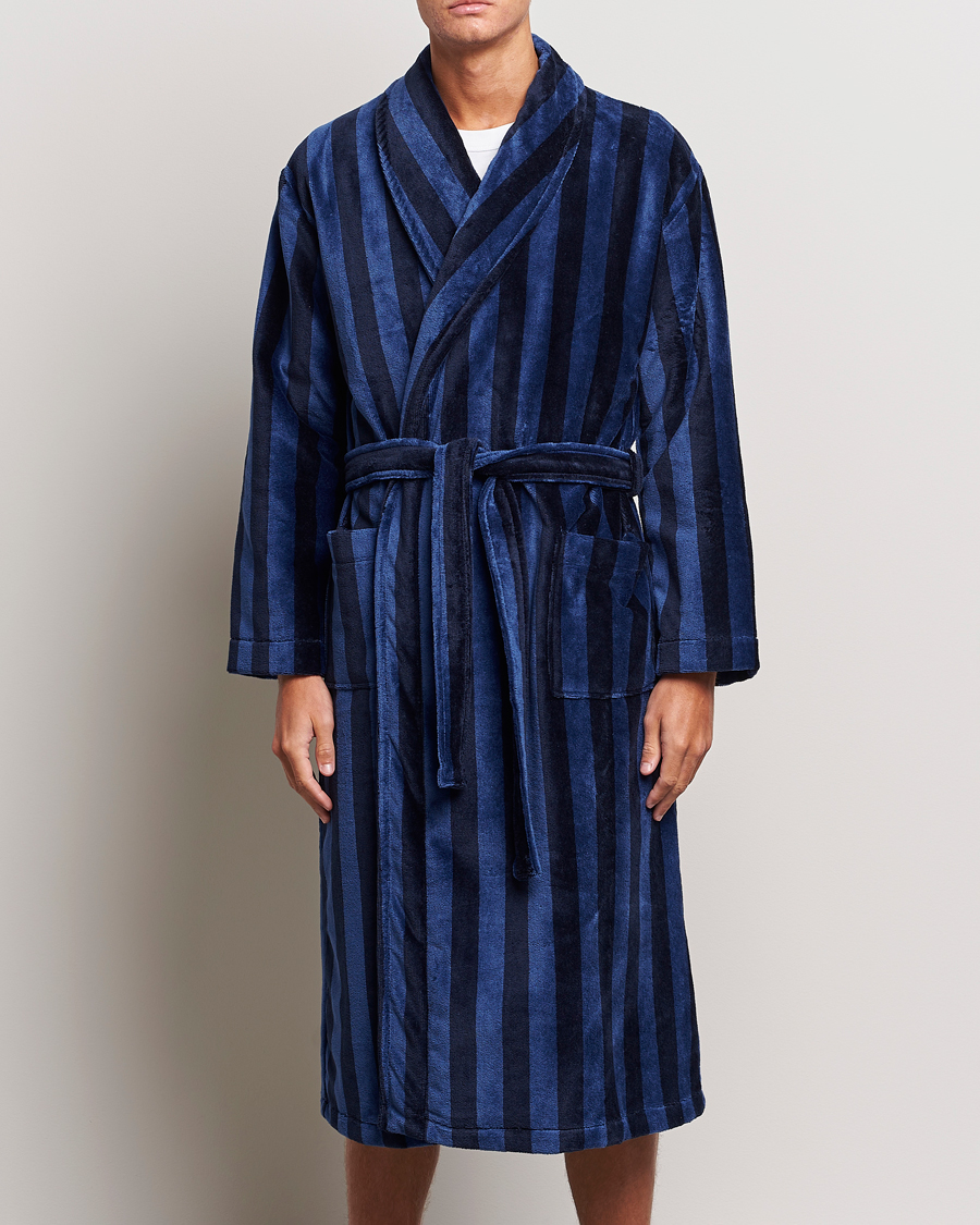 Herre | Morgenkåper | Derek Rose | Cotton Velour Striped Gown Navy/Blue