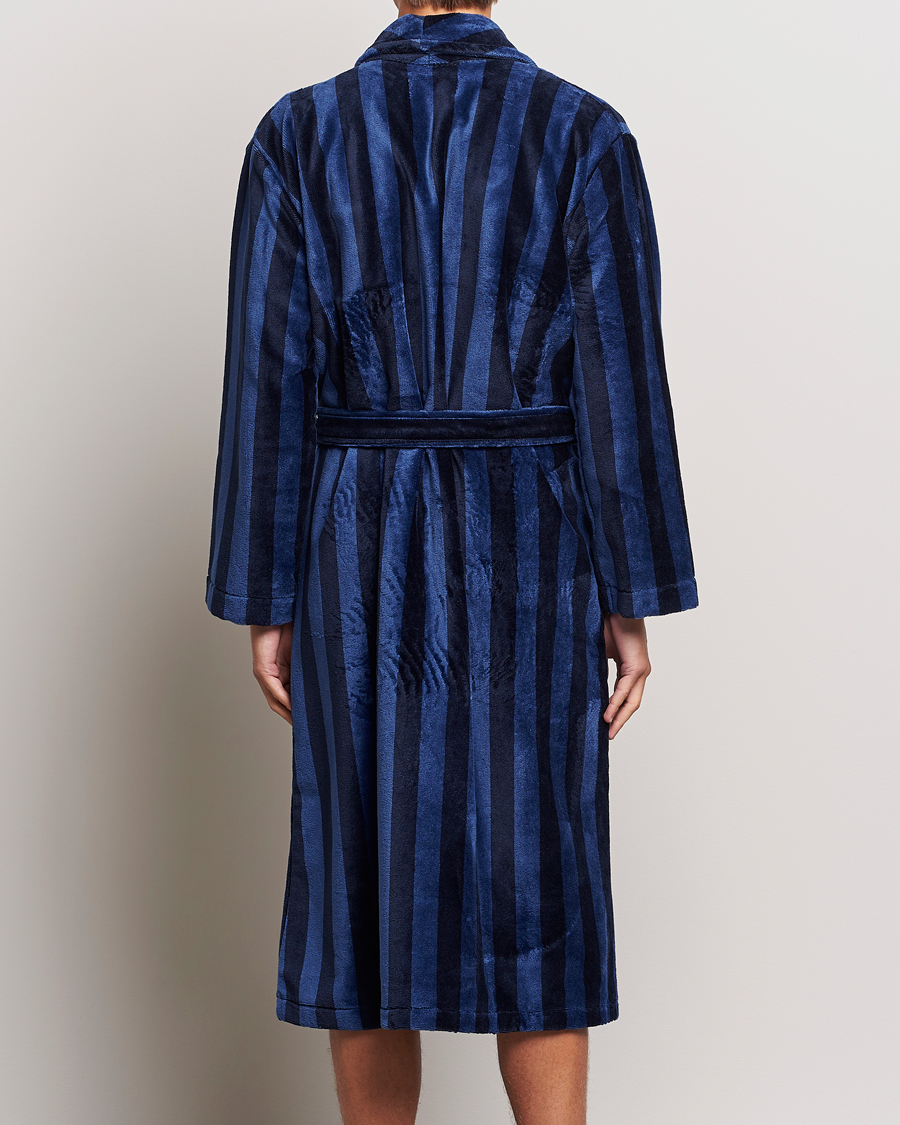 Herre | Pyjamaser og badekåper | Derek Rose | Cotton Velour Striped Gown Navy/Blue