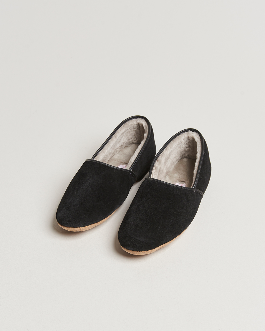 Herre | Derek Rose Crawford Sheepskin Suede Slippers Black | Derek Rose | Crawford Sheepskin Suede Slippers Black