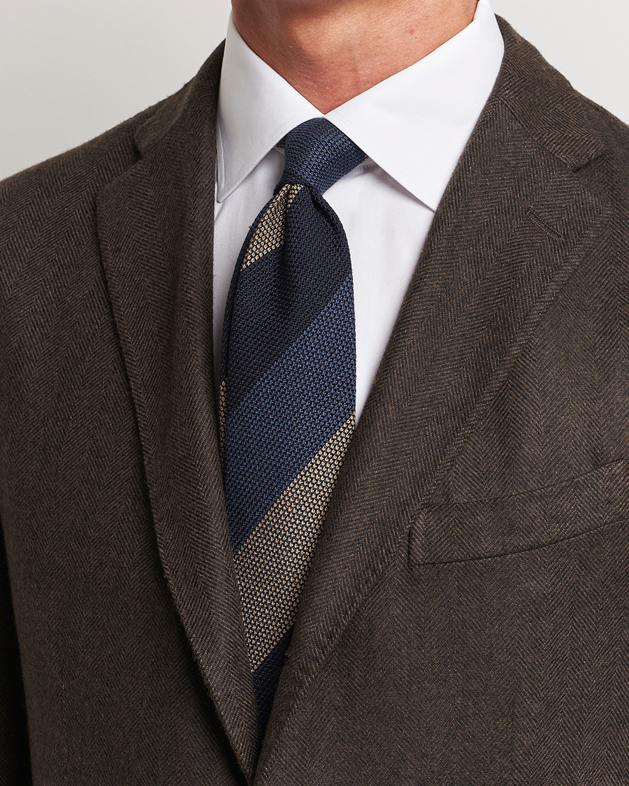 Herre | Amanda Christensen Silk Grenadine 8cm Block Striped Tie Navy/Blue/Beige | Amanda Christensen | Silk Grenadine 8cm Block Striped Tie Navy/Blue/Beige