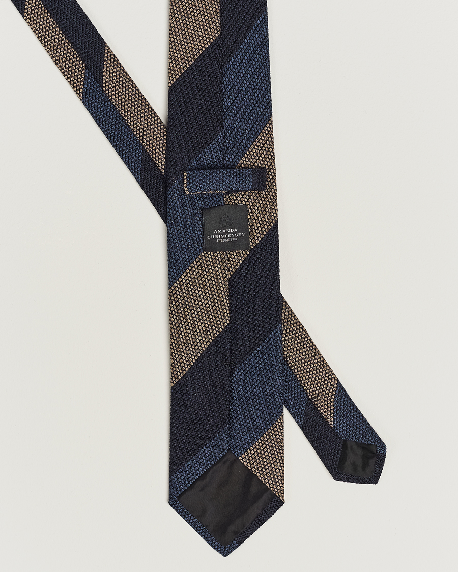 Herre | Amanda Christensen Silk Grenadine 8cm Block Striped Tie Navy/Blue/Beige | Amanda Christensen | Silk Grenadine 8cm Block Striped Tie Navy/Blue/Beige