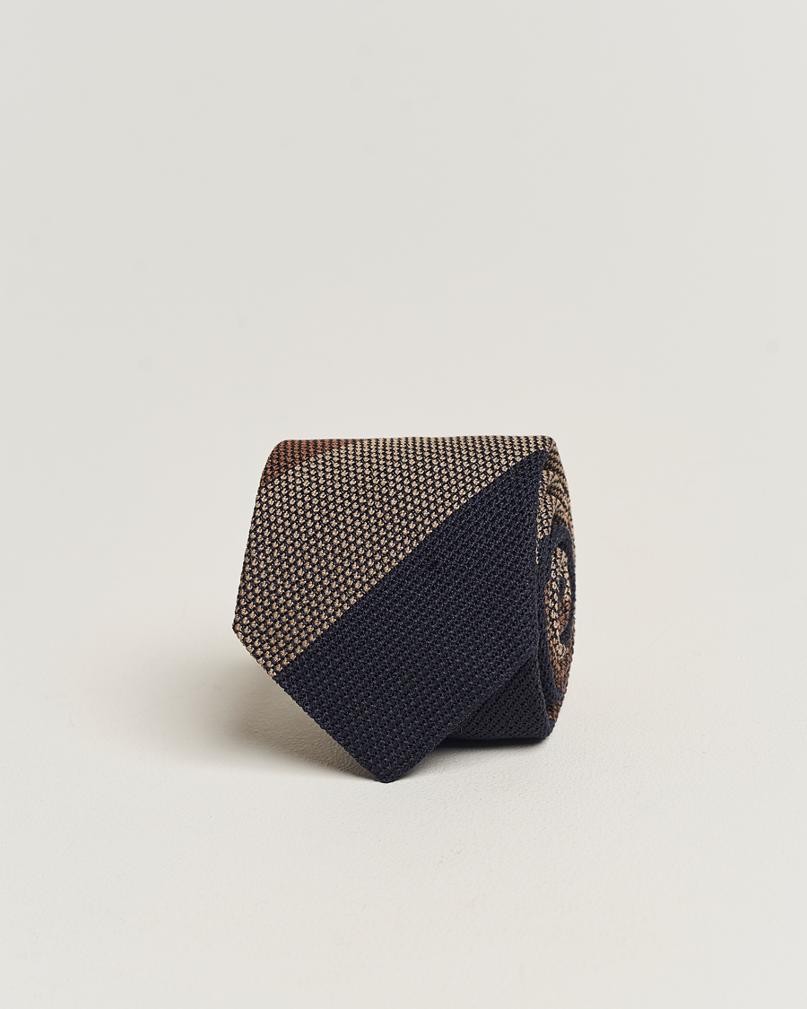 Herre | Amanda Christensen Silk Grenadine 8cm Block Striped Tie Brown/Navy/Beige | Amanda Christensen | Silk Grenadine 8cm Block Striped Tie Brown/Navy/Beige