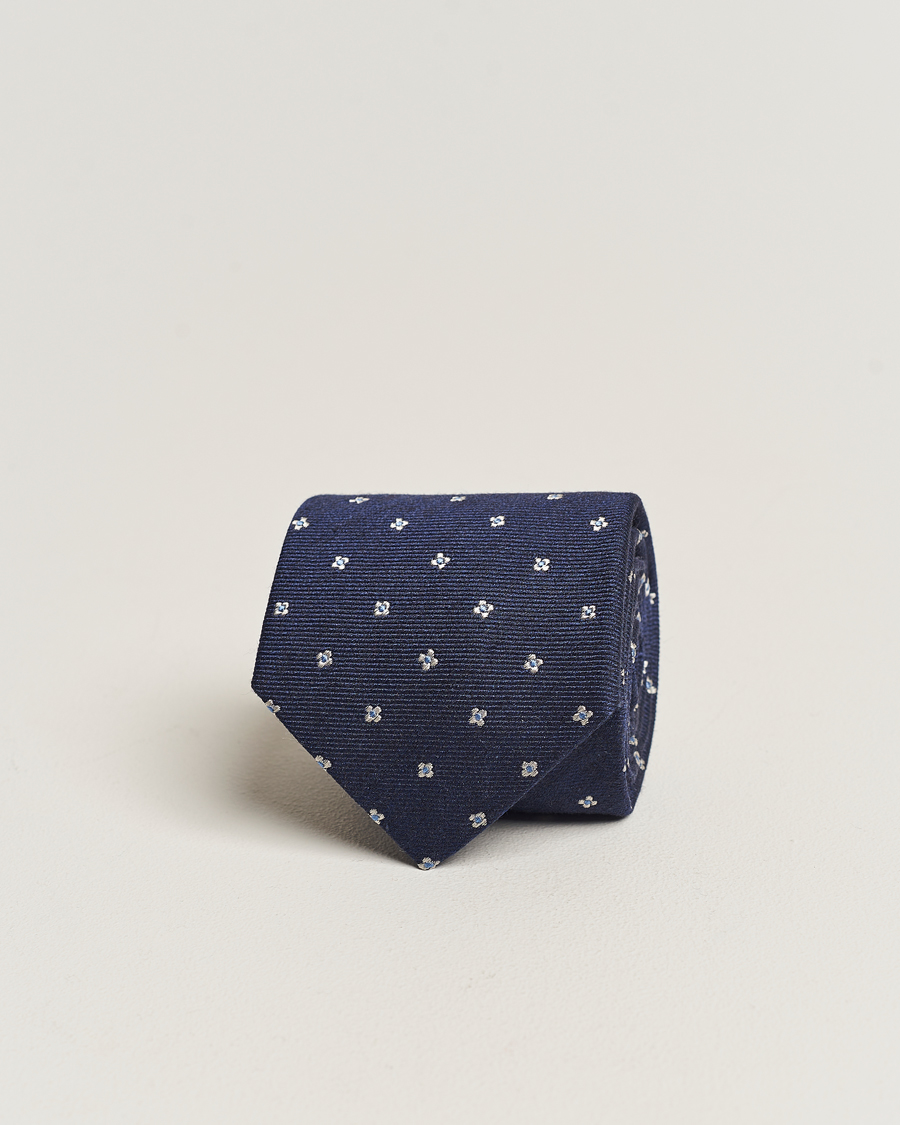 Herre | Amanda Christensen Silk/Wool 8cm Printed Flower Tie Navy | Amanda Christensen | Silk/Wool 8cm Printed Flower Tie Navy